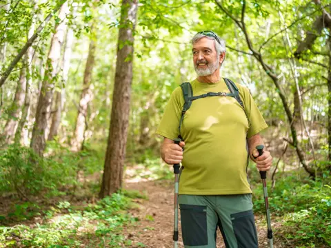 Senior Man Engaging in Woodland Trek