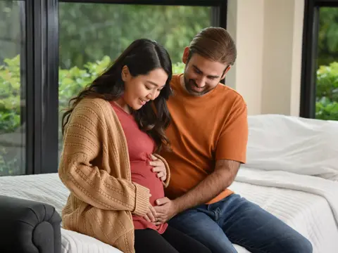A pregnant woman and her partner sit together on a bed, smiling and holding her belly.