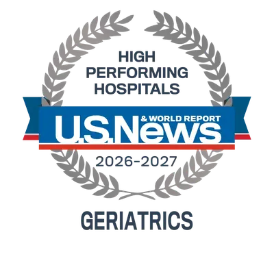 U.S. News and World Report 2026–2027 High Performing Hospitals badge for Geriatrics.