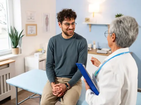 Male patient sitting on examination table while talking to doctor in a bright clinic room