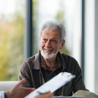 Senior man with gray hair and beard smiling warmly while engaged in conversation with a health care provider in a bright, modern clinic room with large windows