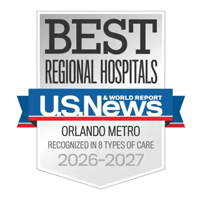 US News and World Report Best Regional Hospitals badge for Orlando Metro, recognized in 8 types of care for 2026–2027