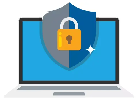 Laptop screen with a shield and lock icon symbolizing security and protection.