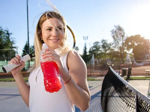 A young woman holding an energy drink and a tennis racquet. 