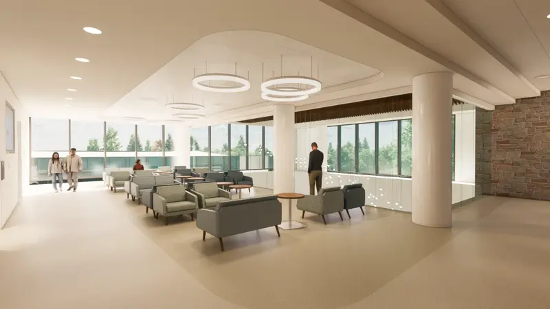 Modern hospital waiting area with contemporary seating arrangements, circular pendant lighting, floor-to-ceiling windows overlooking trees, and a textured stone accent wall