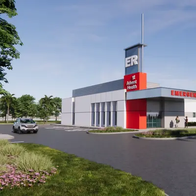 Architectural rendering of AdventHealth North Pinellas emergency room entrance with prominent ER signage, red and white branding, palm trees, and parking area