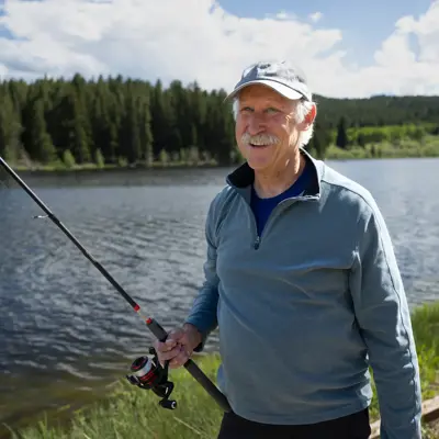 An older man with a fishing rod by a lake, smiling at the camera.