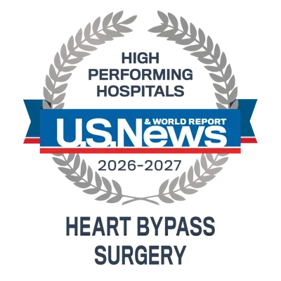 U.S. News and World Report 2026–2027 High Performing Hospitals badge for Heart Bypass Surgery.