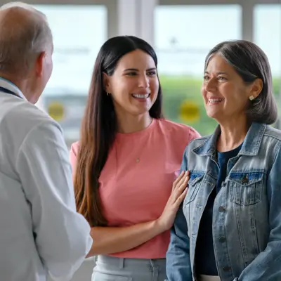 A doctor in a white coat talks to two smiling women, one in a pink shirt and the other in a denim jacket.