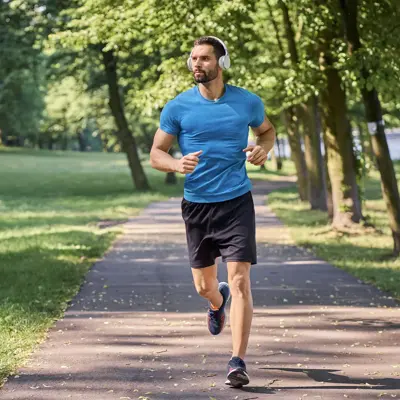 Man jogging on a tree-lined park path, wearing a blue shirt, black shorts, and over-ear headphones
