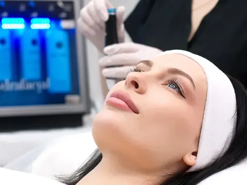 Person reclines with a white headband while a gloved professional holds a handheld device near their face in a clinic.