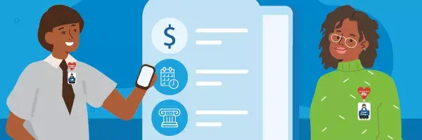Illustration of a healthcare worker showing a patient their bill on a smartphone.