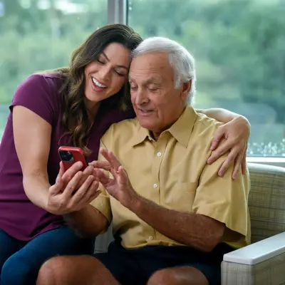A smiling woman and an elderly man are sitting together on a couch, looking at a smartphone.