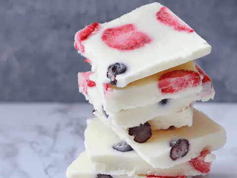 Stack of white frozen yogurt bark squares with sliced strawberries and blueberries on a light marble surface.