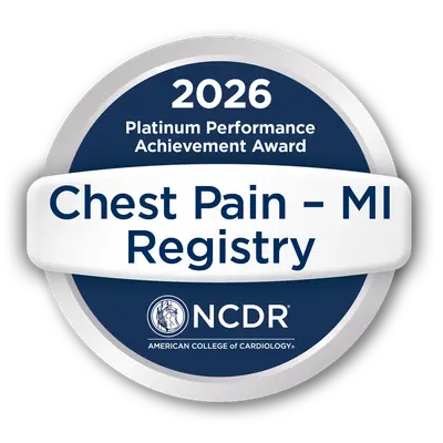 Circular badge with navy blue and white design displaying '2026 Platinum Performance Achievement Award' at the top, 'Chest Pain – MI Registry' in large text across the center, and 'NCDR American College of Cardiology' logo at the bottom