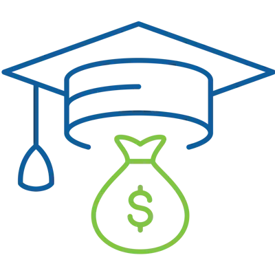 Illustration of a graduation cap and diploma with a money bag underneath, symbolizing educational investment.