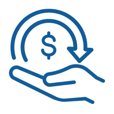 Hand holding a dollar sign with an arrow pointing to the left, indicating a return or exchange of money.