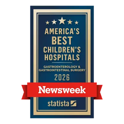 Newsweek/Statista badge for America’s Best Children’s Hospitals 2026: Gastroenterology and Gastrointestinal Surgery.