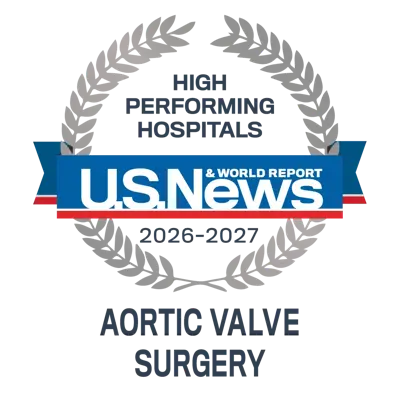 U.S. News and World Report 2026–2027 High Performing Hospitals badge for Aortic Valve Surgery.