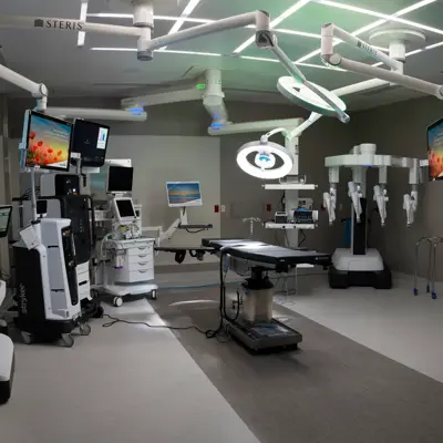 Modern surgical room with advanced medical equipment, monitors, and robotic systems.