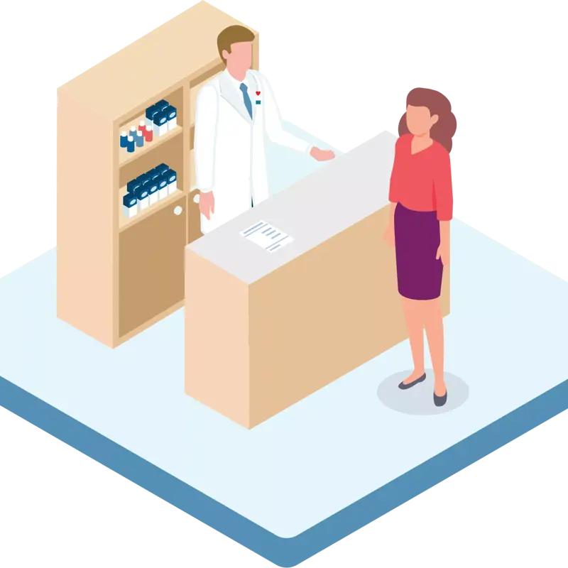 Illustration of a doctor in a white coat standing behind a counter and a patient standing in front.