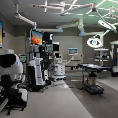 Modern surgical operating room featuring da Vinci robotic surgical system with overhead surgical lights, multiple monitors, medical equipment carts, and advanced technology in a clean, well-lit environment