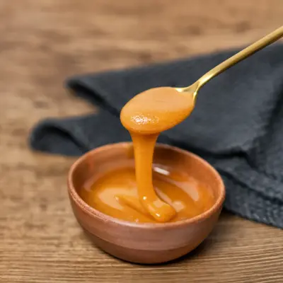 Manuka honey dipper dipping in raw organic liquid from Manuka flowers.
