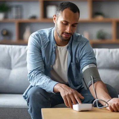 Young Man Sitting On Couch And Checking His Blood Pressure With Upper Arm Monitor.