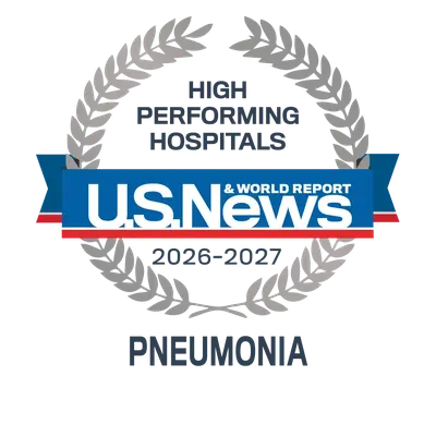 U.S. News and World Report 2026–2027 High Performing Hospitals badge for Pneumonia.