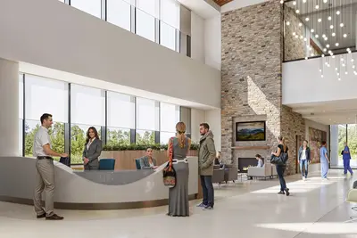 A rendering of a waiting room exterior.