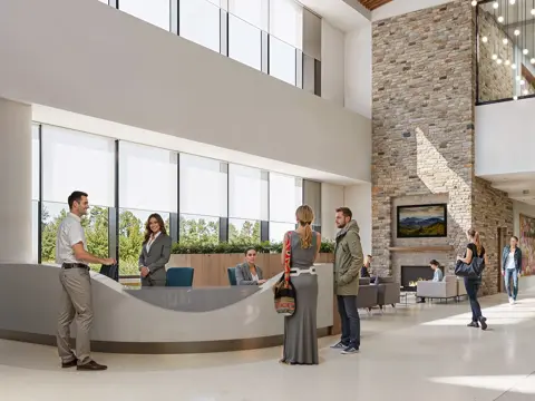 A rendering of a waiting room exterior.
