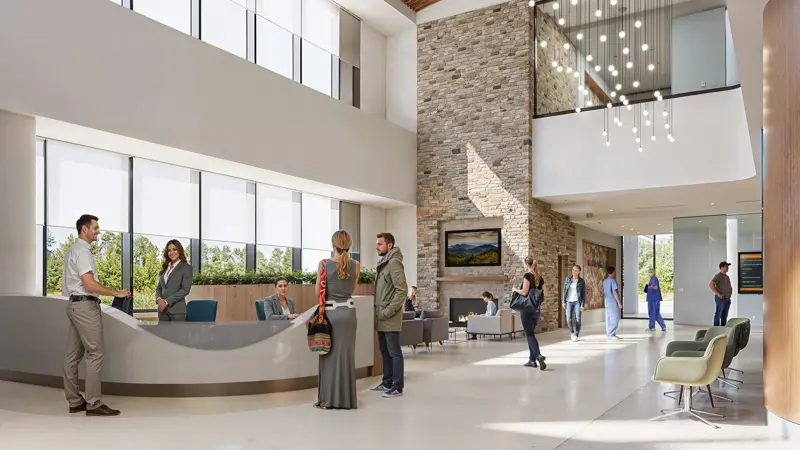 A rendering of a waiting room exterior.