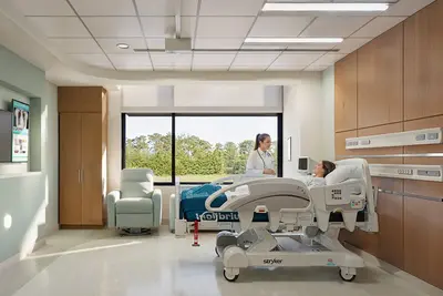 A modern medical-surgical patient room with a patient in a hospital bed attended by a healthcare provider in a white coat, featuring a large window with a natural view, light blue accent wall, wood cabinetry, and a comfortable guest chair