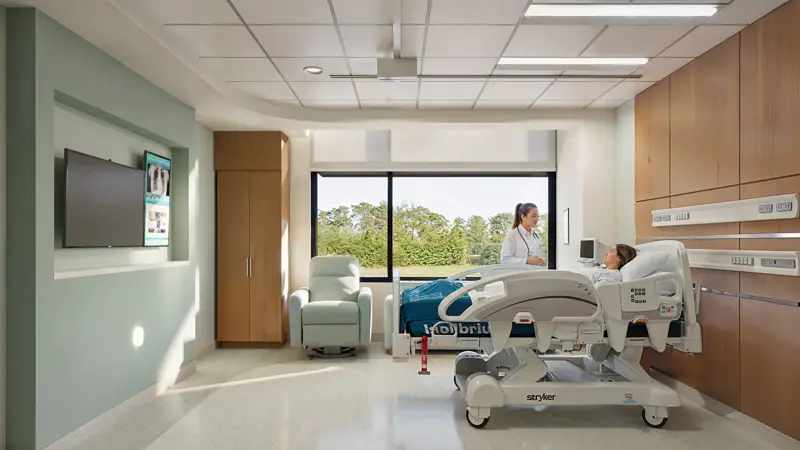 A modern medical-surgical patient room with a patient in a hospital bed attended by a healthcare provider in a white coat, featuring a large window with a natural view, light blue accent wall, wood cabinetry, and a comfortable guest chair