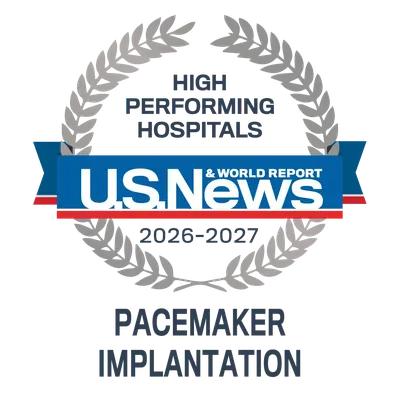 U.S. News and World Report 2026–2027 High Performing Hospitals badge for Pacemaker Implantation.