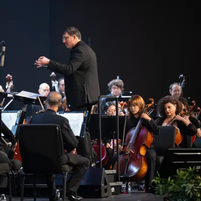 Conductor in black suit leading orchestra with musicians playing various instruments on stage.