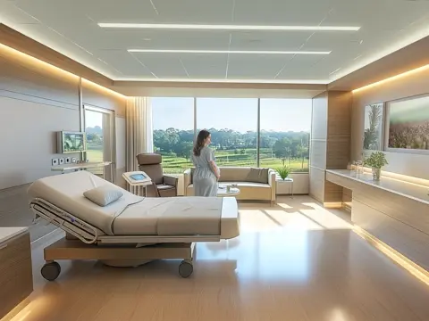 An AI rendering of a patient room at the Lake Nona Facility.