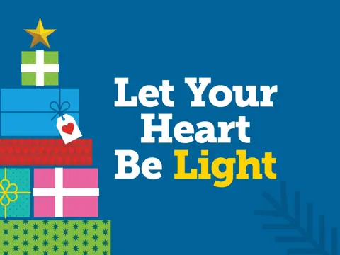 Illustration of wrapped gifts with a star on top and text: Let Your Heart Be Light.