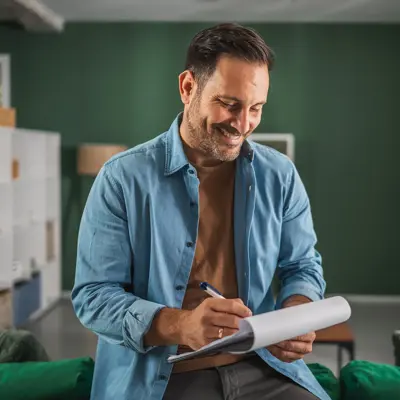 A man writing on a notepad.
