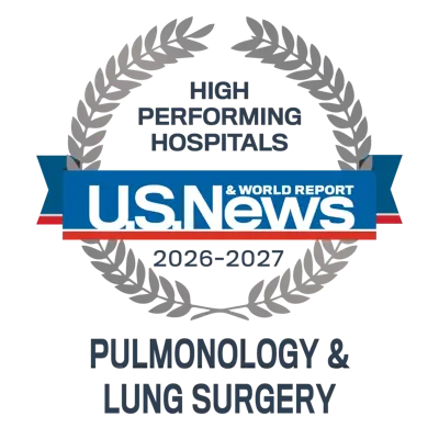 U.S. News and World Report 2026–2027 High Performing Hospitals badge for Pulmonology and Lung Surgery.