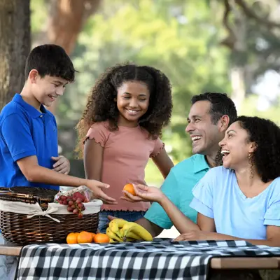 Family of four sharing a picnic with fruit and bananas on a sunny day.