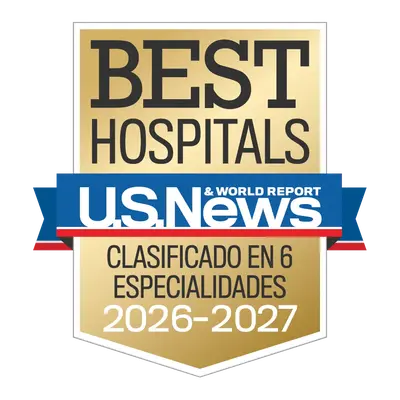 U.S. News and World Report Best Hospitals 2026–2027 badge with gold and blue design indicating ranked in six specialties