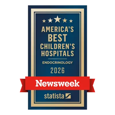 Newsweek and Statista badge featuring five stars and text reading 'America's Best Children's Hospitals, Endocrinology, 2026' on a navy blue background with gold lettering and a red Newsweek banner.