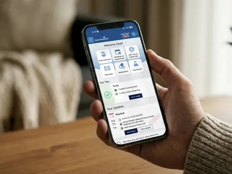 Hand holding smartphone displaying the AdventHealth mobile app home screen with options for Care Advocacy, Schedule an Appointment, 24/7 Virtual Urgent Care, Messages, Medications, and Test Results, along with a to-do list and upcoming appointment details