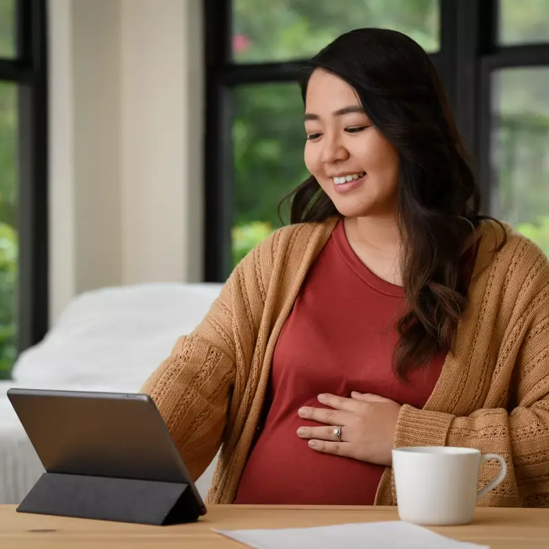Smiling woman at home using a tablet while resting her hand on her belly.