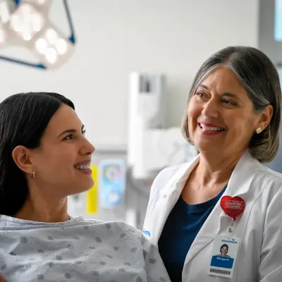 A smiling patient in a hospital gown talks with a doctor in a white coat.