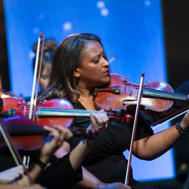 Musicians playing violins in a concert, focused on their performance with a blue background.