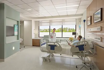 A rendering of a hospital room interior.