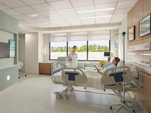 A rendering of a hospital room interior.