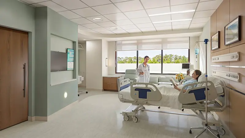 A rendering of a hospital room interior.